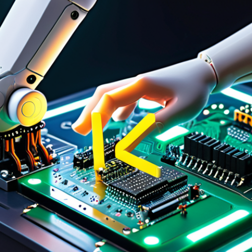 Home 23 **Prompt:** A futuristic robotic arm assembling circuit boards, C++ code glowing in the background, highlighting the power and efficiency of C++ in robotics control systems.