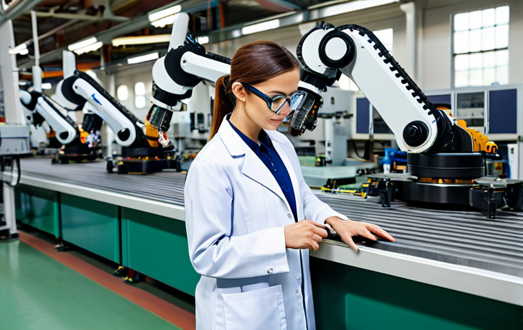 **
"A professional female engineer in a fully clothed, modest lab coat and safety glasses, inspecting a complex automated assembly line in a modern factory. Robotic arms are welding components. Bright, clean environment. Safe for work, appropriate content, perfect anatomy, correct proportions, natural pose, professional photograph, high quality, well-formed hands, proper finger count, natural body proportions, professional attire."
**