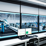 Smart Factory Overview**

"A modern, clean smart factory interior, showcasing automated robotic arms assembling products, sensors monitoring equipment, and data dashboards displayed on large screens, fully clothed technicians observing the operations, appropriate attire, safe for work, perfect anatomy, correct proportions, professional, high quality, well-lit, modest."

**