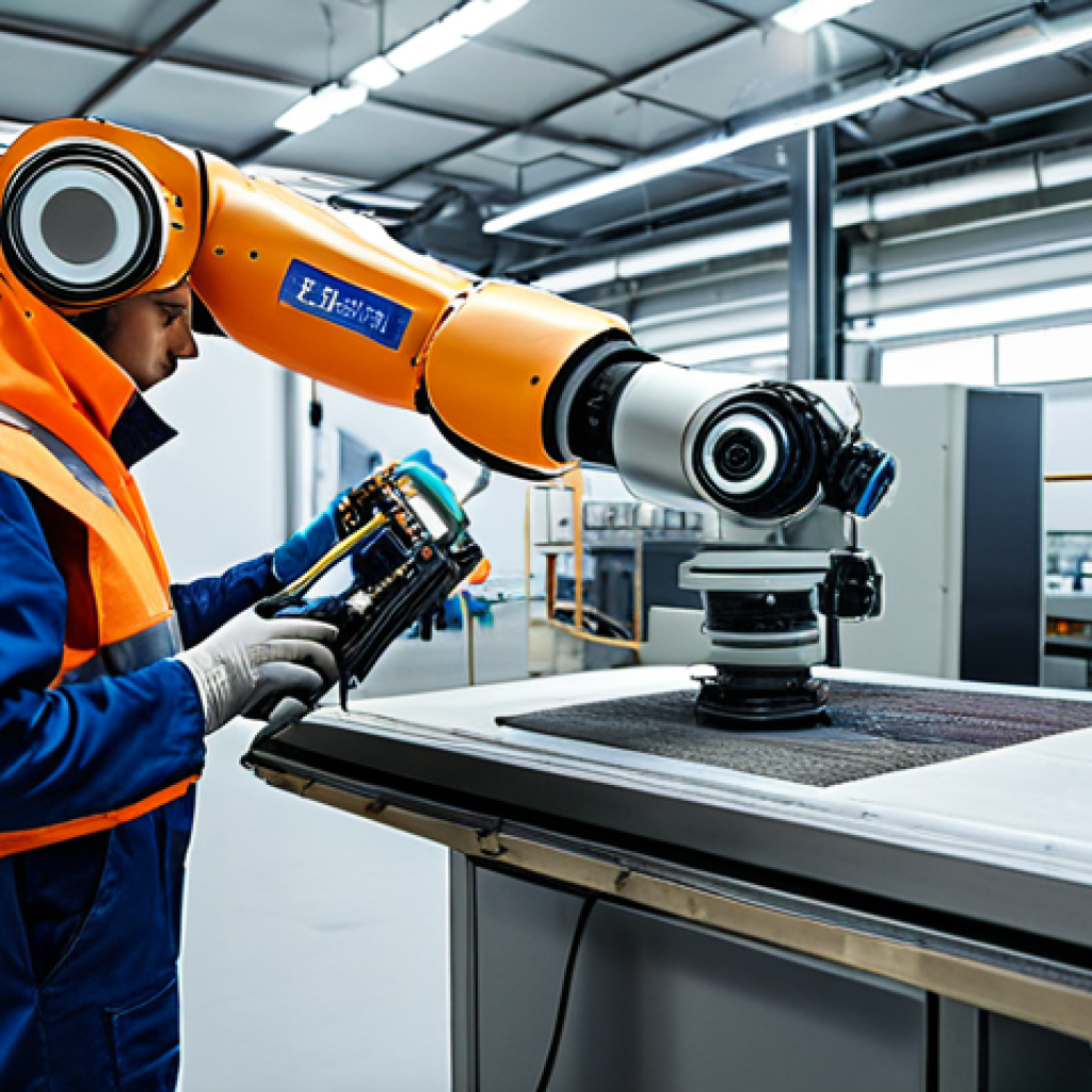 **

"A factory worker in a clean, modern facility performing routine maintenance on a robotic arm, fully clothed in appropriate safety gear, professional attire, safe for work, perfect anatomy, well-formed hands, correct proportions, natural pose, high quality, family-friendly environment."

**