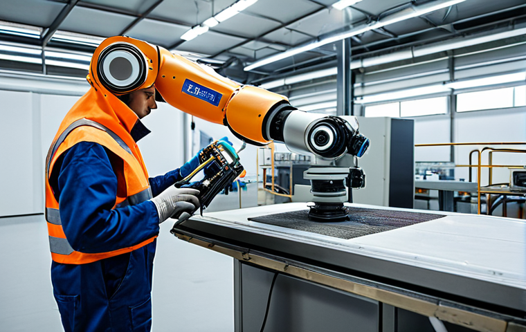 **

"A factory worker in a clean, modern facility performing routine maintenance on a robotic arm, fully clothed in appropriate safety gear, professional attire, safe for work, perfect anatomy, well-formed hands, correct proportions, natural pose, high quality, family-friendly environment."

**