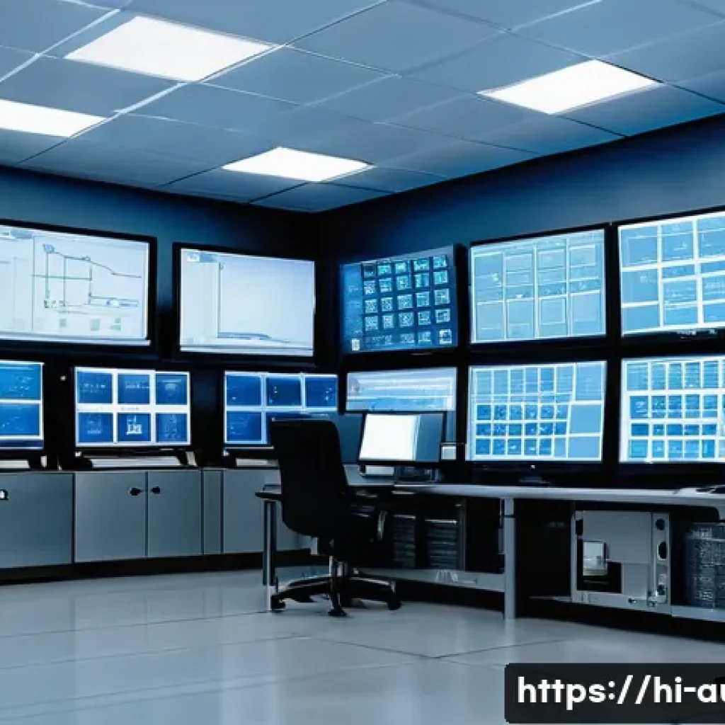 공장자동화 중점 과목별 학습법 - A detailed industrial automation control room with engineers actively programming PLCs on multiple m...