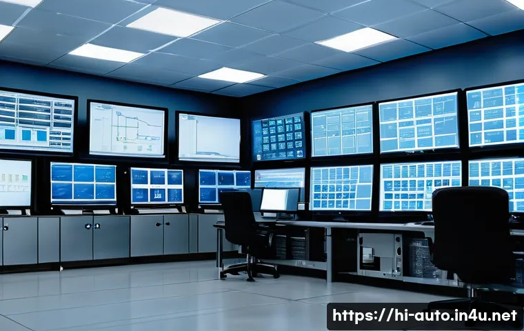 공장자동화 중점 과목별 학습법 - A detailed industrial automation control room with engineers actively programming PLCs on multiple m...