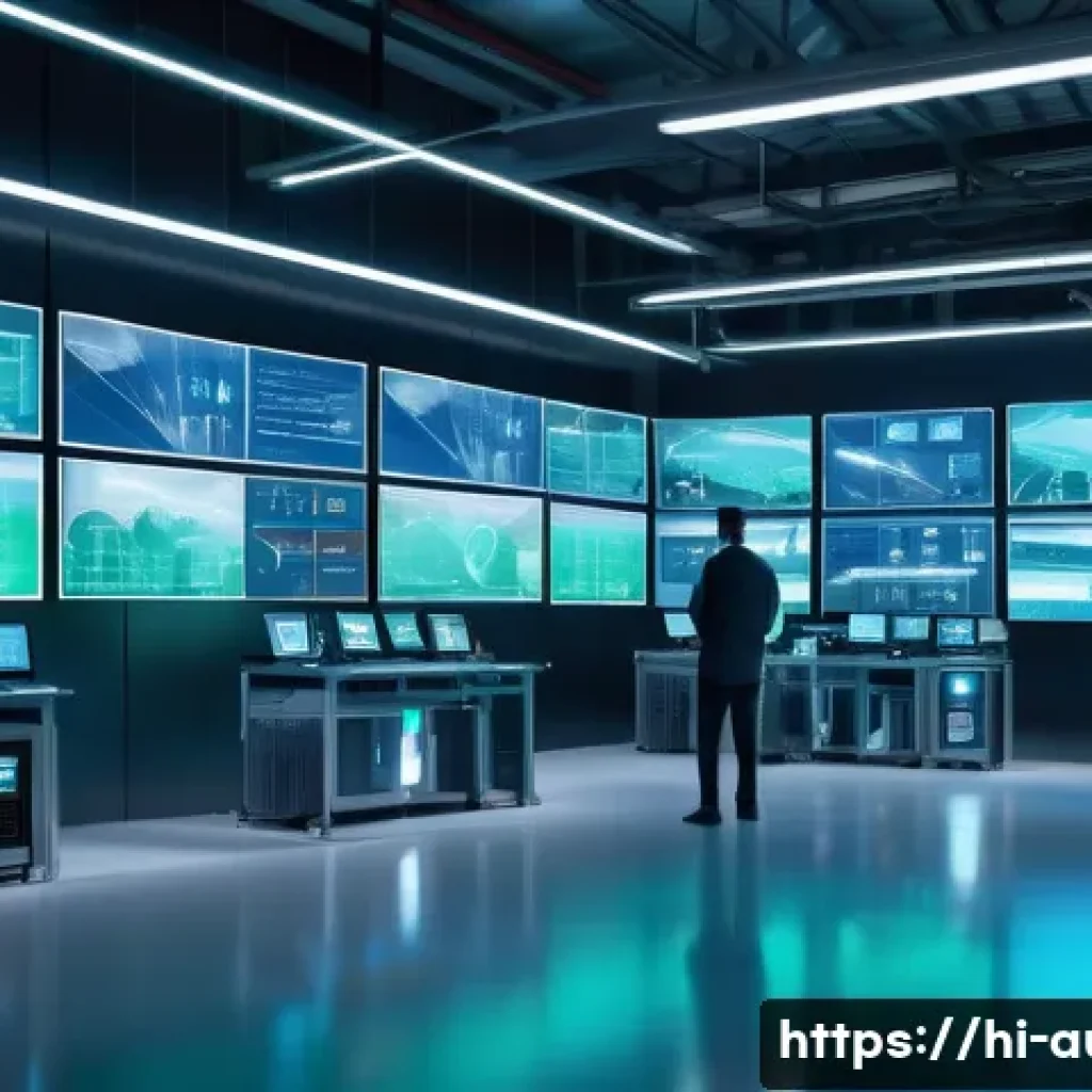 공장자동화 트렌드 및 전망 - A highly detailed futuristic smart factory interior showcasing advanced IoT integration: multiple in...