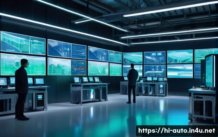 공장자동화 트렌드 및 전망 - A highly detailed futuristic smart factory interior showcasing advanced IoT integration: multiple in...