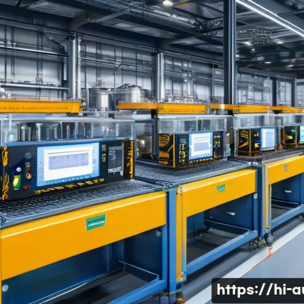 자동화 설비에 적합한 센서 선택 - A detailed industrial automation scene showcasing various types of sensors in action: ultrasonic sen...