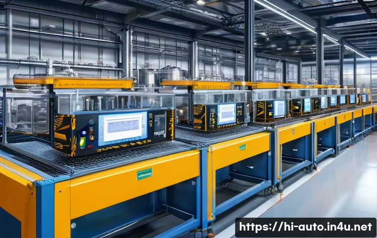자동화 설비에 적합한 센서 선택 - A detailed industrial automation scene showcasing various types of sensors in action: ultrasonic sen...