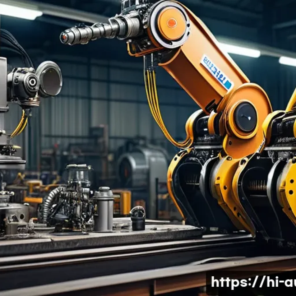 산업용 로봇의 고장 진단 - A highly detailed industrial robotic arm in a factory setting, showing visible signs of wear and tea...