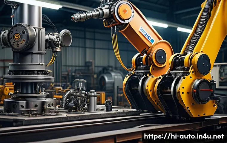 산업용 로봇의 고장 진단 - A highly detailed industrial robotic arm in a factory setting, showing visible signs of wear and tea...