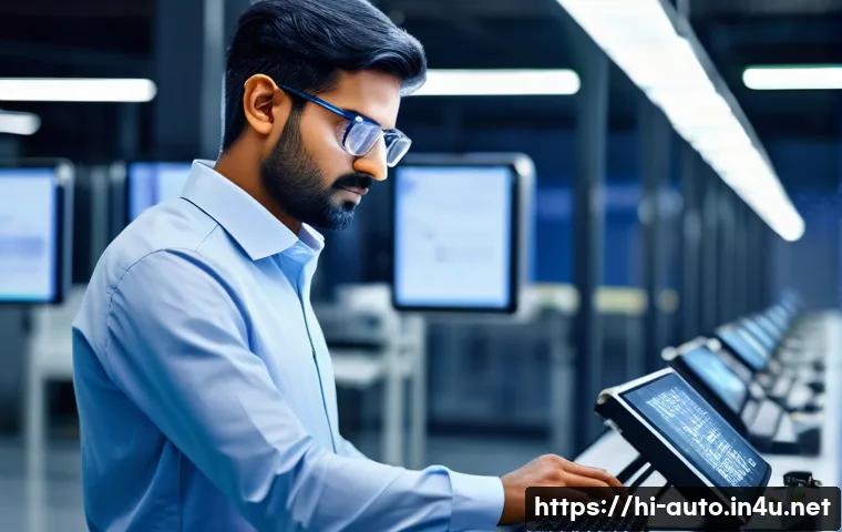 자동화 엔지니어의 직무 변화 - A modern Indian automation engineer in a sleek smart factory setting, wearing professional business ...