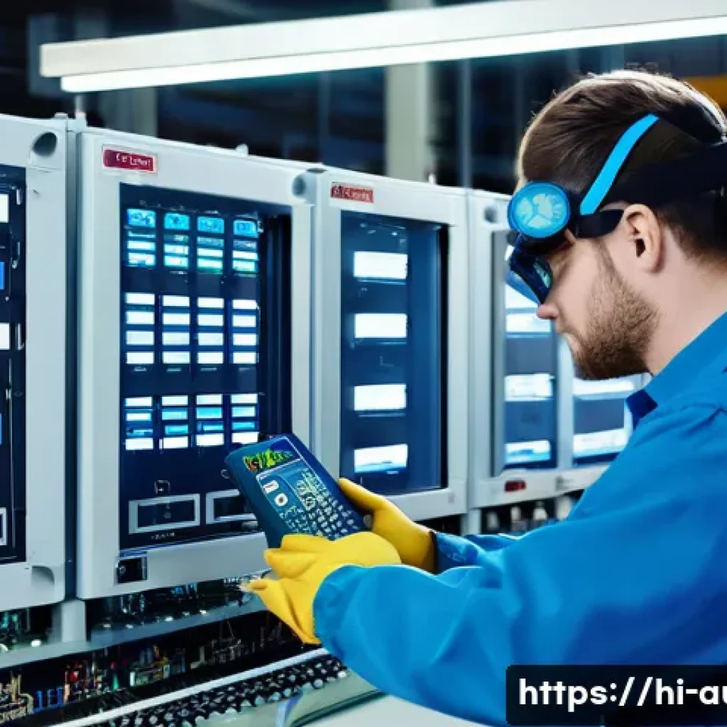 공장자동화 기사 실기 요령 - A detailed industrial factory automation scene focusing on a technician connecting various sensors a...
