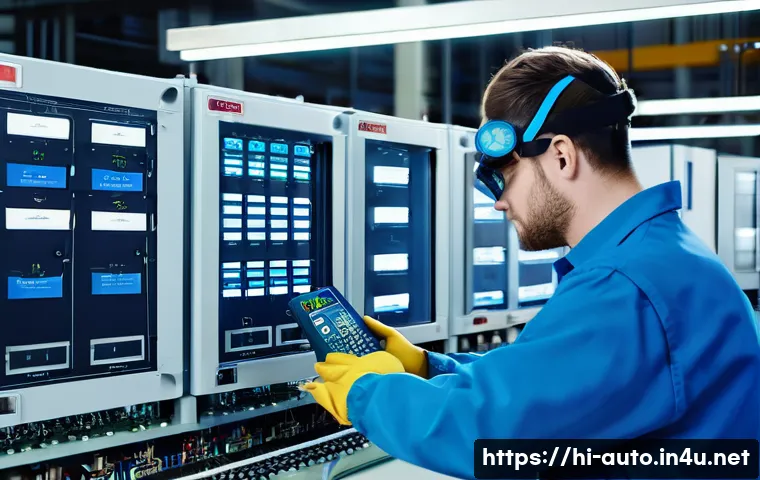 공장자동화 기사 실기 요령 - A detailed industrial factory automation scene focusing on a technician connecting various sensors a...
