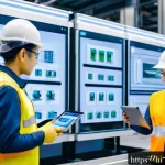 Home 22 스마트 팩토리 도입을 위한 단계 - A high-tech smart factory production line featuring advanced smart sensors attached to industrial ma...