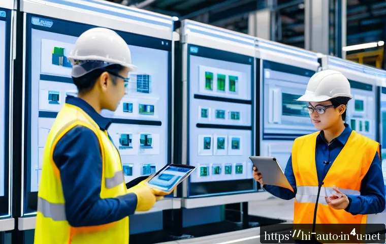 스마트 팩토리 도입을 위한 단계 - A high-tech smart factory production line featuring advanced smart sensors attached to industrial ma...