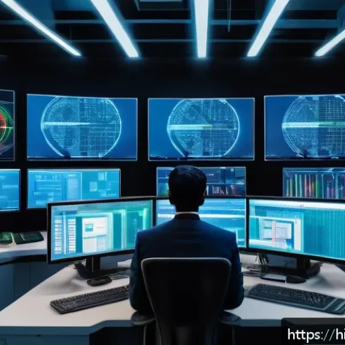Home 32 산업용 제어 시스템의 안정성 확보 - A highly detailed industrial control room showcasing advanced cybersecurity measures: multiple segme...
