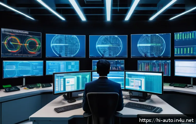 산업용 제어 시스템의 안정성 확보 - A highly detailed industrial control room showcasing advanced cybersecurity measures: multiple segme...