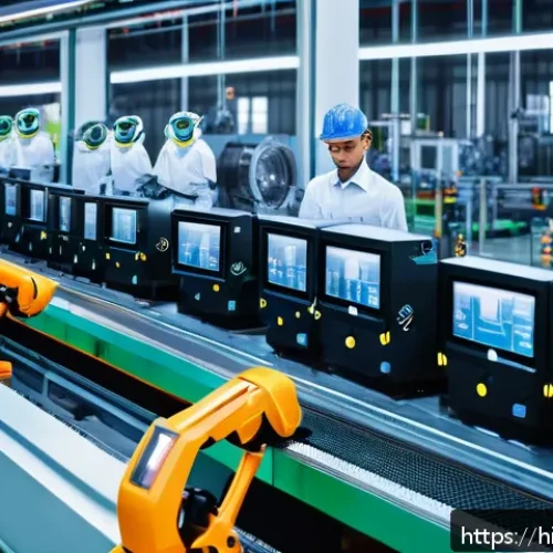 Home 30 공장자동화와 품질 관리 시스템 - A modern industrial factory interior showcasing smart automation technology in action: sleek robotic...