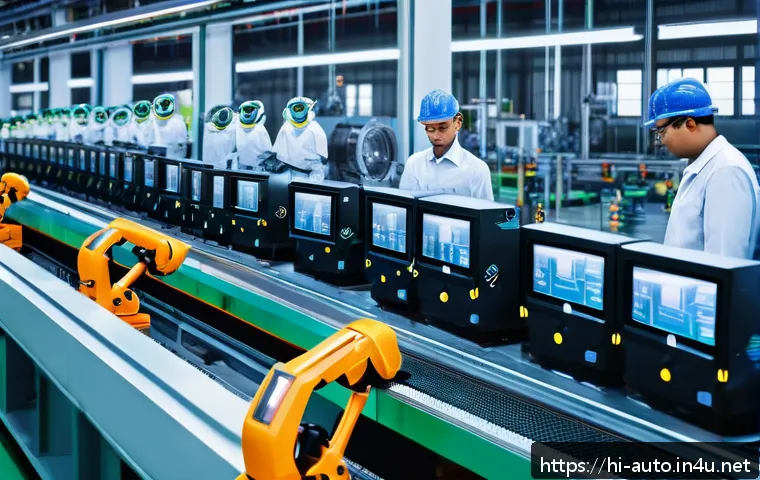 공장자동화와 품질 관리 시스템 - A modern industrial factory interior showcasing smart automation technology in action: sleek robotic...