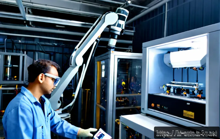 자동화 설비 진단 방법 - Photorealistic industrial automation diagnostic scene, skilled technician in safety glasses and clea...
